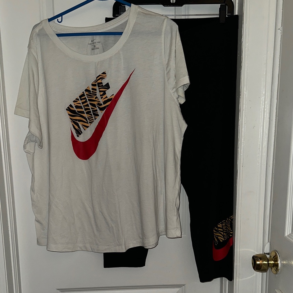 Nike White Tee and Black Leggings with Red Swoosh